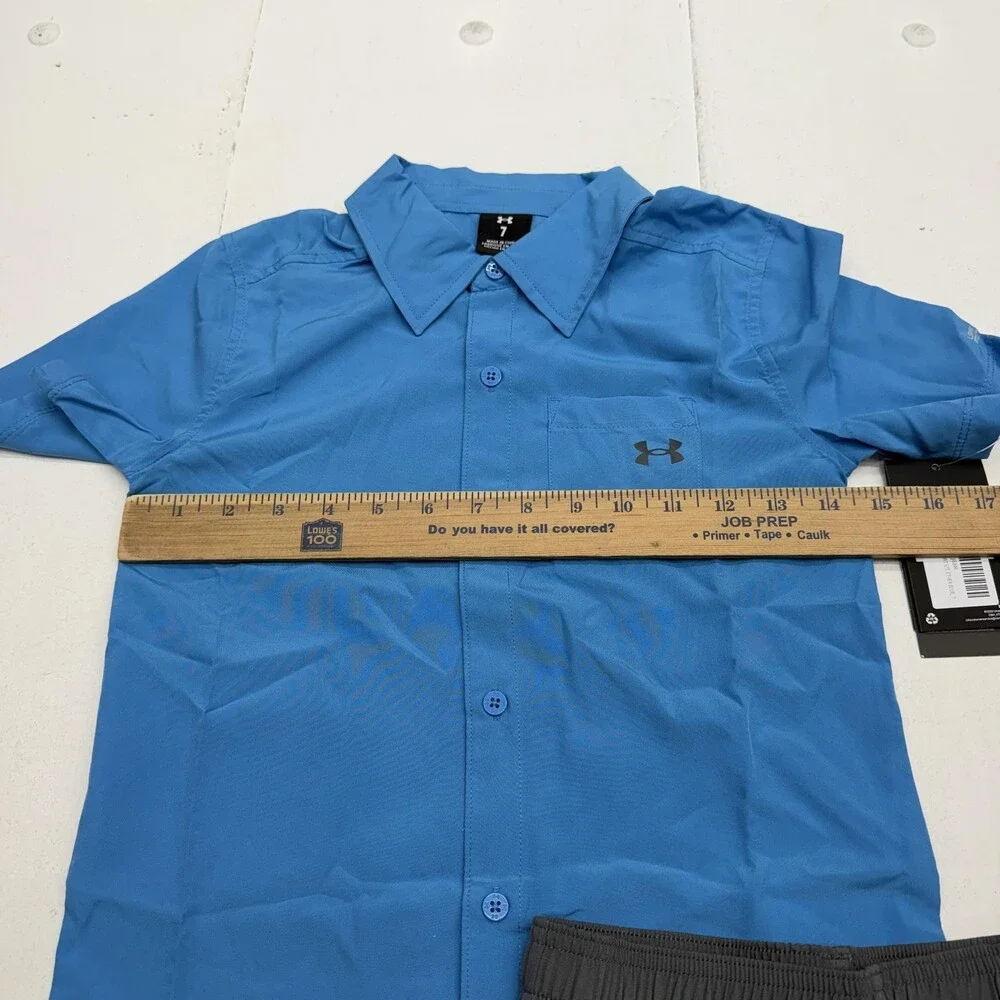 Under Armour Shirt Shorts Set Boys 7 Blue Gray Collared Button 2 Piece Outfit
